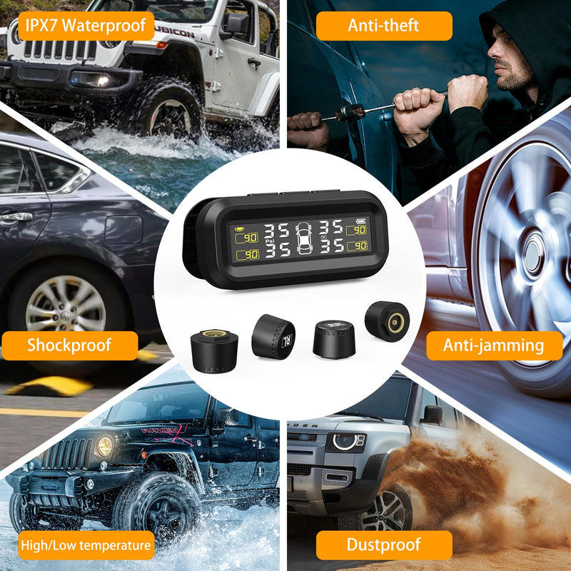 SEACOT Solar TPMS Tire Pressure Monitoring System - Professional Edition (0-87 PSI), 4 Sensors, Solar and USB Charging, LCD Display, 6 Alarm Modes, Suitable for Car, RV, SUV, MPV, and Sedans S21