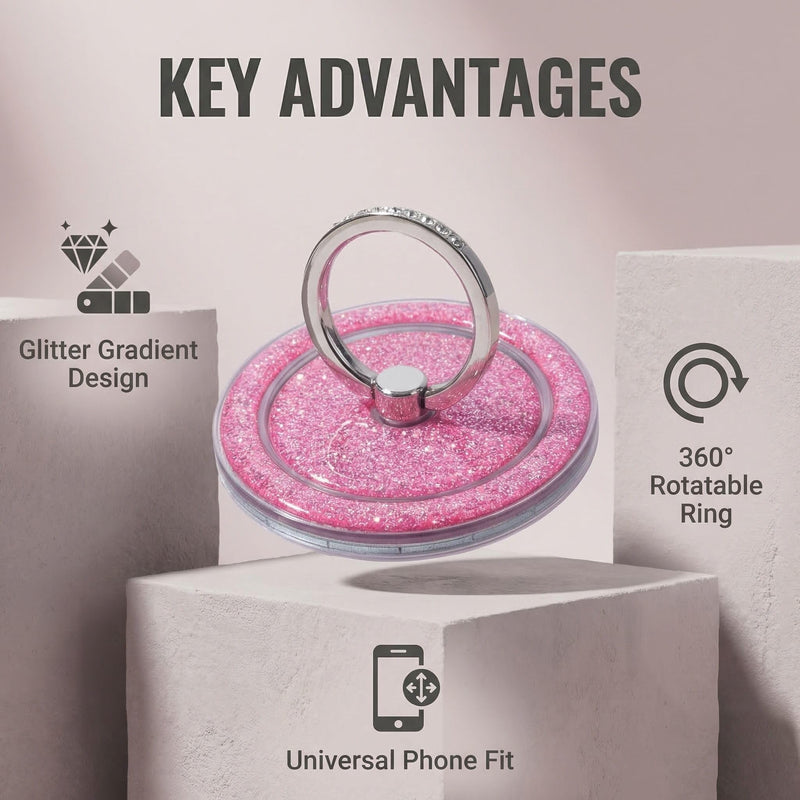 Glitter Magnetic Phone Ring for MagSafe,Phone Grip Kickstand,Ring Holder Stand Compatible with iPhone 17 16 15 14 13 12 Pro Max Plus and Phone Case - Pink