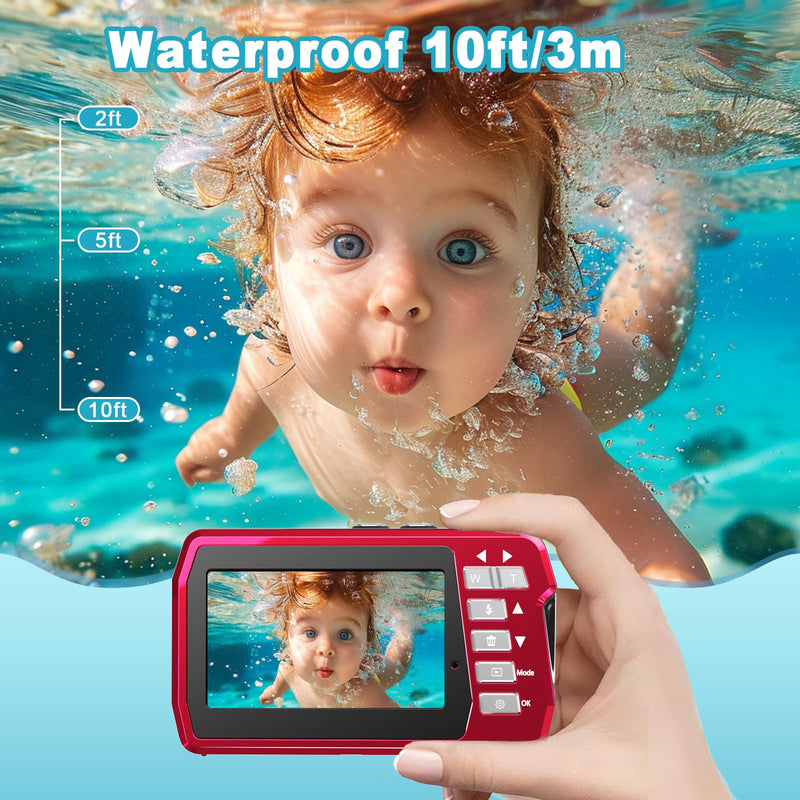 Underwater Camera 4K 48MP Waterproof Digital Camera with 32GB Card, Dual-Screen Selfie (Front & Rear), 10FT/3M Dive for Snorkeling, Surfing, Rafting, Swimming, Travel Red