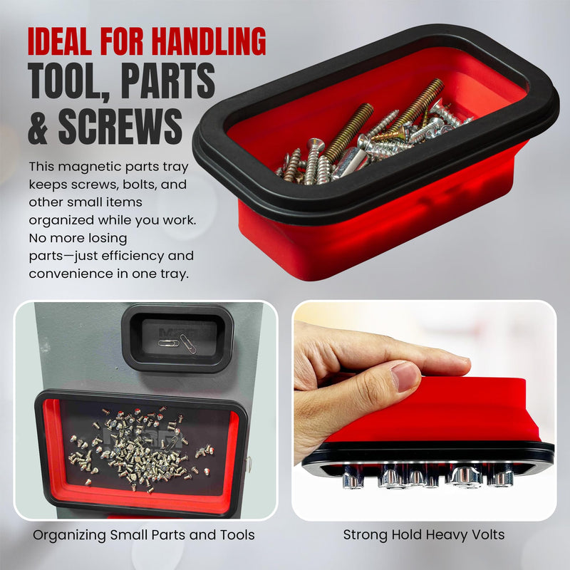 Magnetic Parts Tray Set 3-Pack - Collapsible Silicone Magnetic Tray with Strong Base - Multi-Size (Red) Red