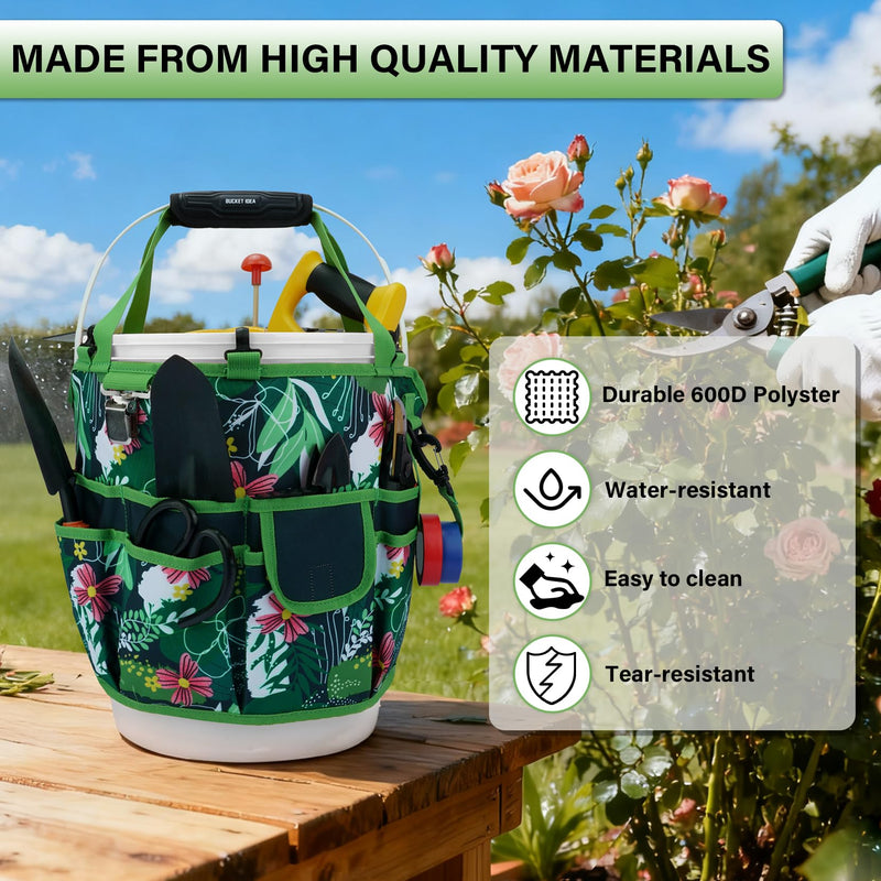 KUNN Bucket Tool Organizer 5 Gallon 18-Pocket Gardening Tool Bag with Hangable Handle | Garden Caddy & Bucket Accessory, Green Green Leaf
