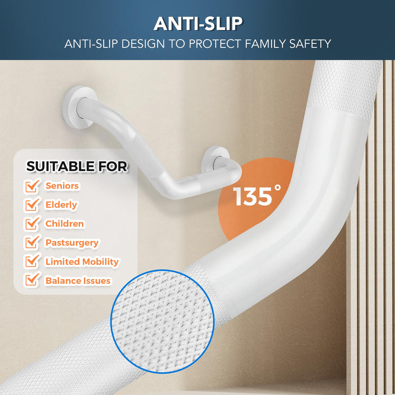 Grab Bars for Bathtubs and Showers- 1-1/4 x 16 Angled Shower Grab Bar for Seniors Knurled Stainless Steel Handicap Grab Bars for Wall (White, 1 Pack) White