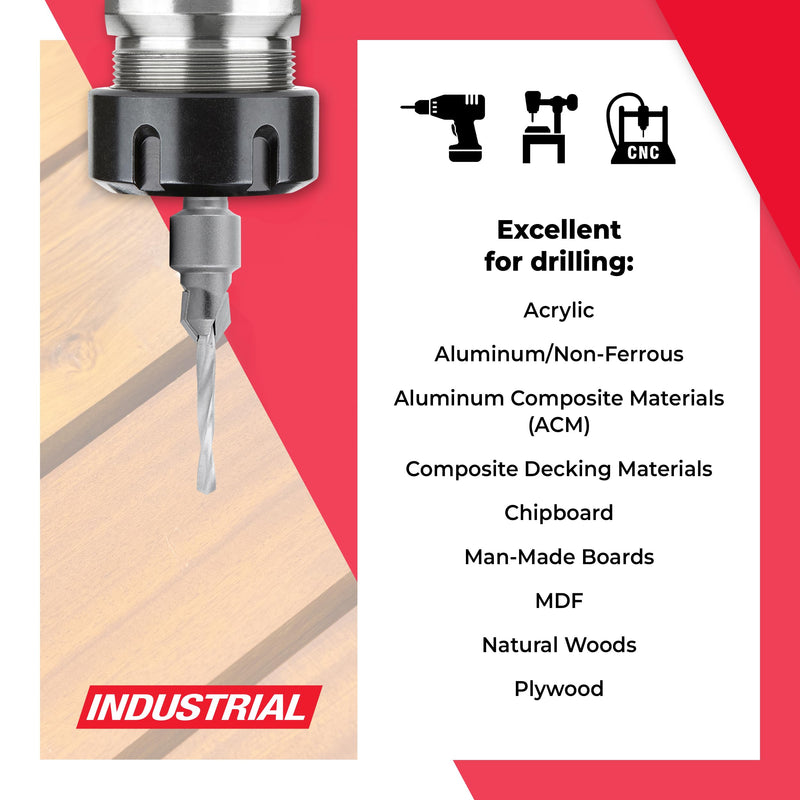 Amana Tool Carbide Tipped Countersink Drill Bit, 55204, 6 Screw, 25/64 Dia x 9/64 Drill Dia x 5/16 Round Shank