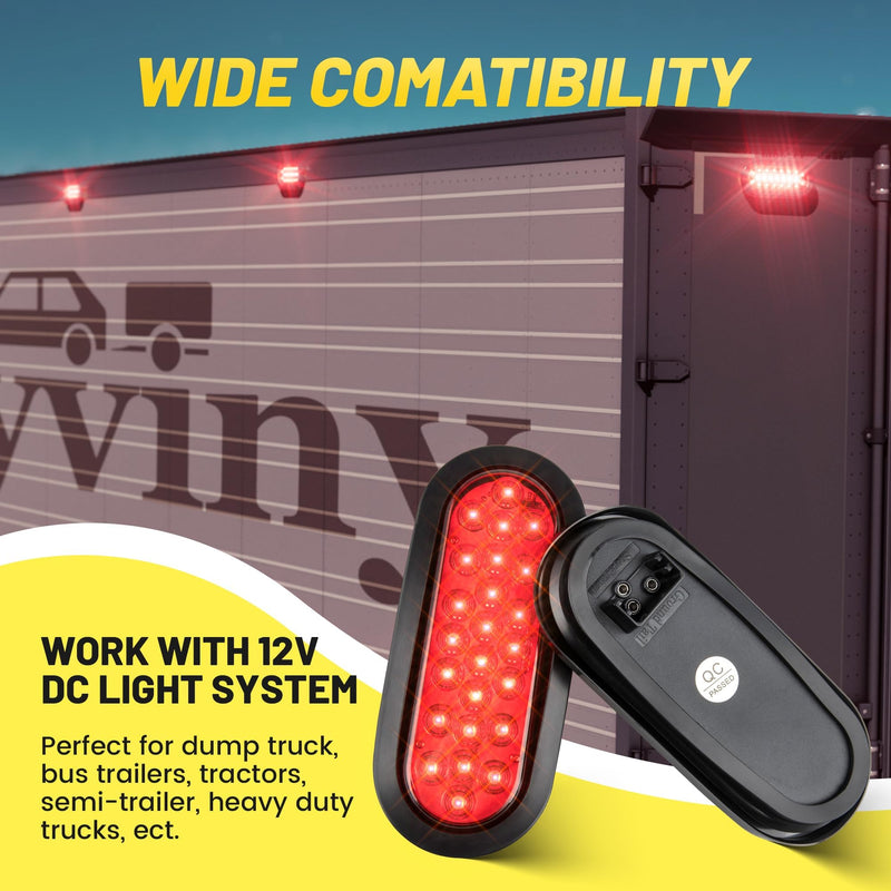 Oyviny 6 Inch Oval Red LED Trailer Tail Lights 2PCS, Super Bright 24LEDs Oval 6" Brake Turn Stop Tail Lights with Flush Mount Grommets DOT SAE Certified for RV Truck, Bus, Trucks