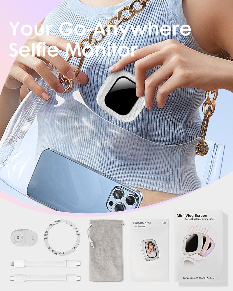 Yatao Mini Selfie Monitor Screen for iPhone, Plug & Play with Mirror | Magnetic Back Camera Monitor for TikTok & YouTube, Snap Selfie Vlog Photo & Video Kit, Battery-Free, White