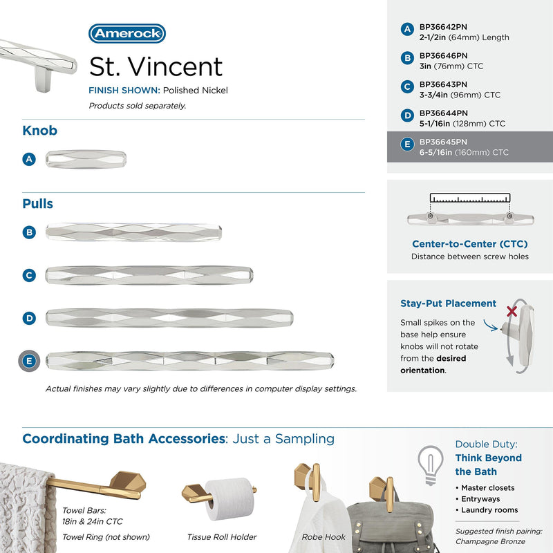 Amerock | Cabinet Pull | Polished Nickel | 6-5/16 inch (160 mm) Center-to-Center | St. Vincent | 1 Pack | Drawer Pull | Drawer Handle | Cabinet Hardware | 6-5/16 inch (160mm) Center-to-Center Mounting Distance and 8-3/4 inches Overall Length, Durable Z...