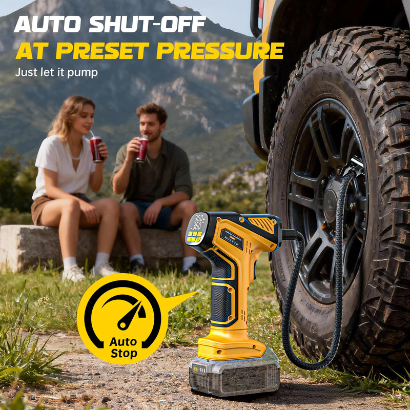 Cordless Tire Inflator Air Compressor Compatible with Dewalt 20V Battery (Tool Only), 150 PSI Portable Car Air Pump with Digital Pressure Gauge, Automatic Shut Off, LED Light Yellow- Compatible With Dewalt 20v
