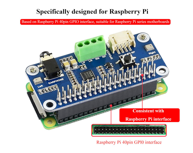 WM8960 Audio HAT Compatible with Raspberry Pi 5/4B/3B+/3B/Pi Zero/Zero W/Pi Zero 2W/Zero 2WH/Pico W/Pico 2W, WM8960 Hi-Fi Sound Card HAT, Stereo CODEC, Hi-Fi Play/Record, Come with 8Ω 5W Speaker
