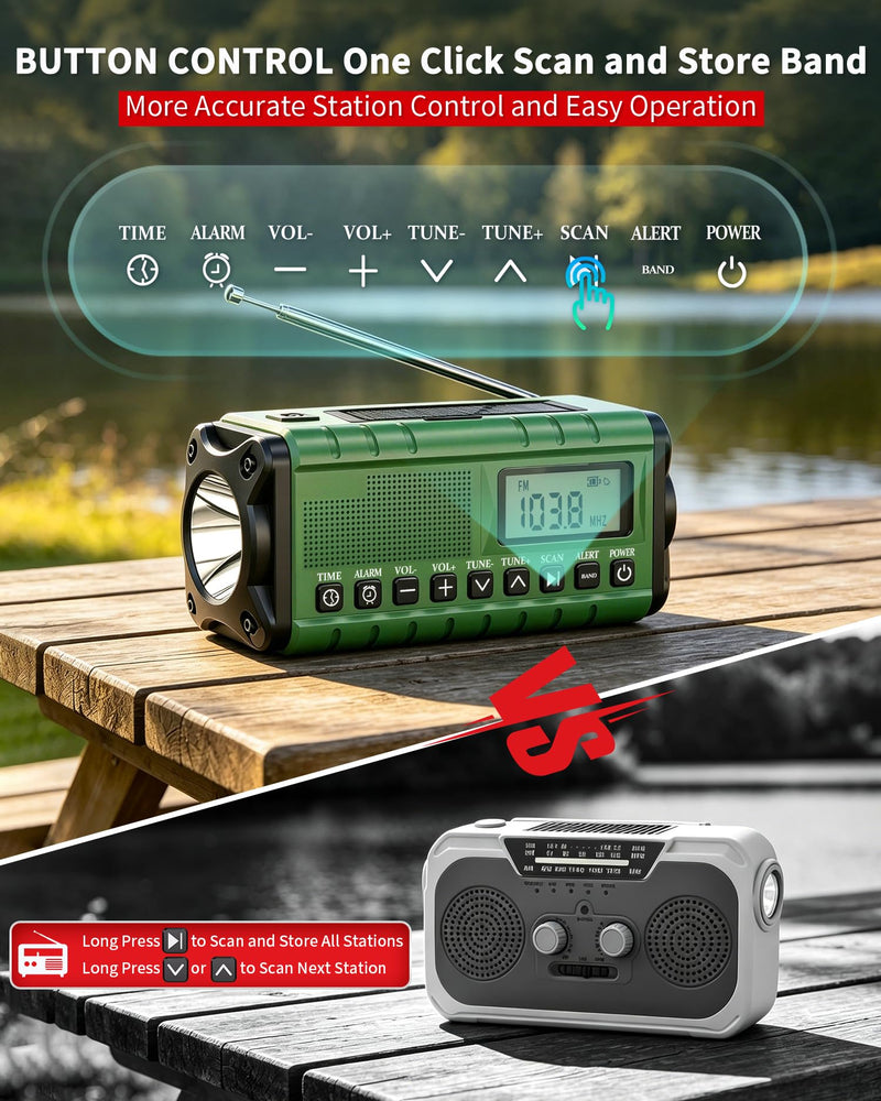 Hand Crank Radio Portable Am Fm-10000mAh/37000mWh NOAA Weather Radio | Auto Scan Emergency Radio with Flashlight,Rechargeable Battery,Solar Panel&SOS Alarm for Indoor/Outdoor Emergency Supplies Army Green