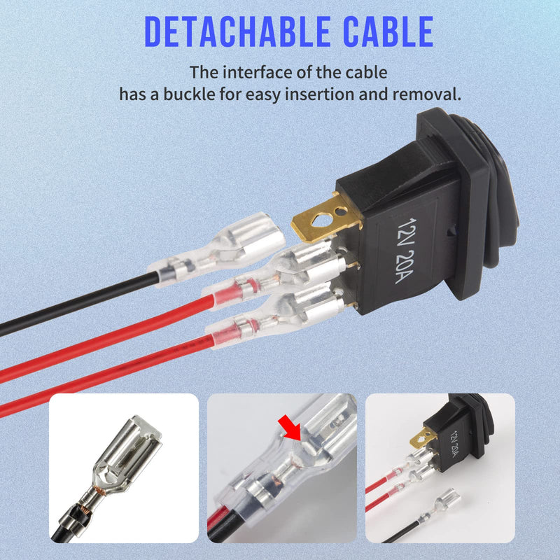 12v Rocker Switch Waterproof 5 PCS - 12 Volt Toggle Switch with 3 20cm Detachable Wires, SPST 3 Pin On Off Switches Snap-in Design Square Switch with Blue LED Light for Car Boat Marine RV Truck KCD3