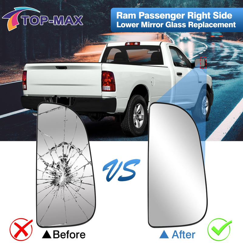 TOP-MAX 68067730AA Ram Passenger Right Side Lower Mirror Glass Replacement for 2010-2020 Dodge Ram 1500-5500 Towing Model, Convex With Bracket Passenger Side Lower Mirror Glass
