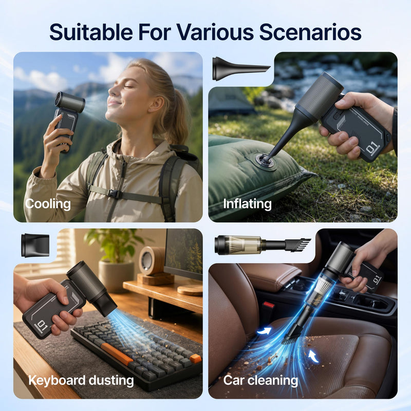 Compressed Air Duster & Vacuum, Stepless Speed, Emergency Charger | Rechargeable Cordless Electric Air Blower with 4 Nozzles, LED Light, 130000RPM, 50 m/s, for Keyboard, PC, Car, Home, Black