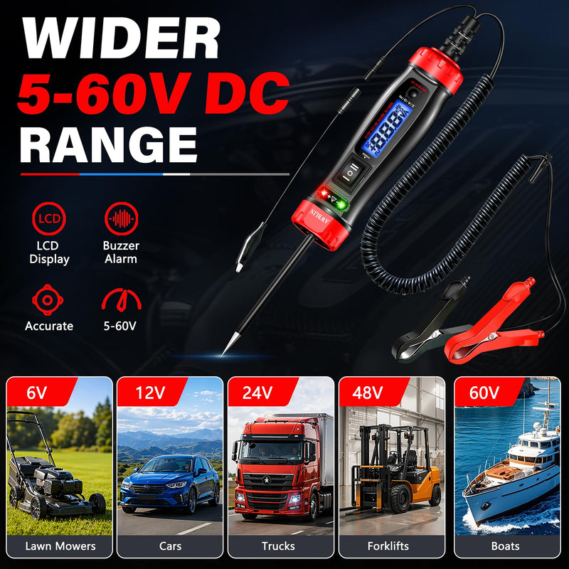 AWBLIN Power Circuit Probe Tester, 5-60V DC Digital Automotive Test Light with Voltmeter, Auto Voltage Current Relay Resistance Short Detection, Trailer Fuse Tester, Car Electrical Diagnostic Tool