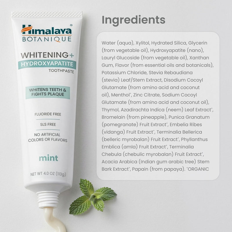 Himalaya Fluoride Free Botanique Whitening Nano Hydroxyapatite Toothpaste, Support Enamel Strength & Integrity, Great for Sensitive Teeth, SLS Free & Vegan, Mint, 4 oz (Pack of 4) 4 Ounce (Pack of 4) Adult Mint