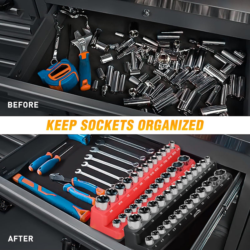 GOOACC 1/4" Magnetic Socket Organizer Set, 2-Piece Metric & SAE Socket Drive Holders, 1/4 inch Drive Socket Organizer Set Holds 52 Standard Sockets for Tool Box 1/4" SAE & Metric