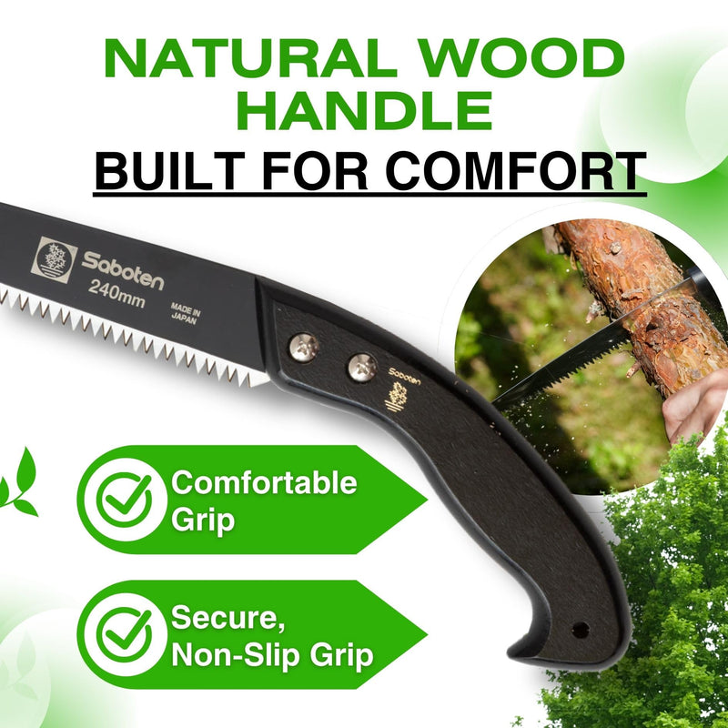 Saboten Japan 9.4" Japanese Pruning Saw – Fluorine-Coated High-Carbon Steel Blade, Traditional Wooden Handle, Precision Pull Cut Tool for Branches – forest Originals, Made in Japan