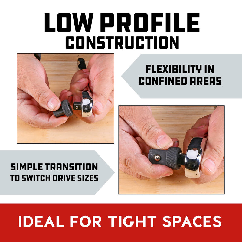 Powerbuilt 6 Piece Wrench Wobble Adapter and Low Profile Socket Adapter Set, Sockets to Combination Wrench, Interchangeable 1/4 Inch, 3/8 Inch, 1/2 Inch Drive, Designed to Fit Tight Spaces - 643050ECE 6 Piece Low Profile