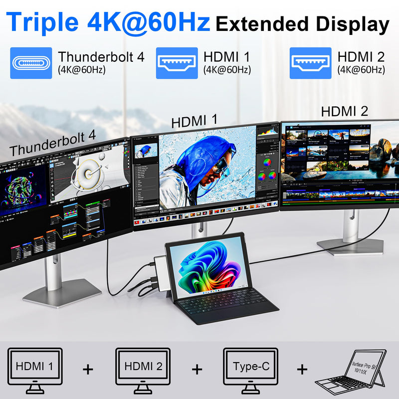Surface Pro 9/10/11/X Docking Station with Dual 4K HDMI, Thunderbolt 4 (100W PD, 40Gbps Data, 8K Display), USB-C Hub for Surface Pro 11/10/9/X, Quad Display Adapter with 2 USB3.0, SD/TF, 3.5mm Audio Sliver
