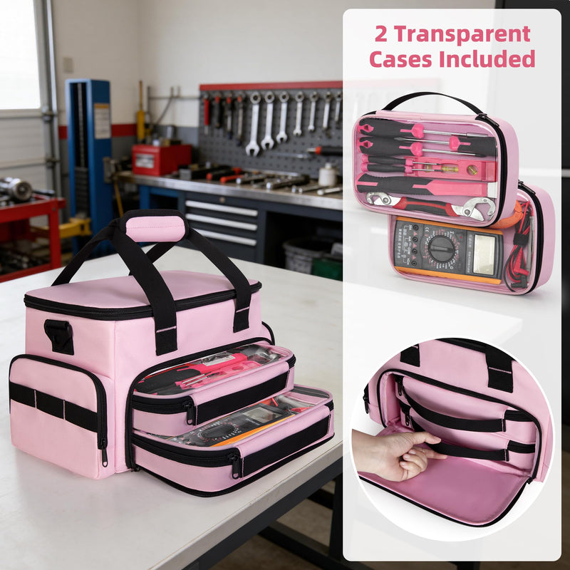 Pink Tool Bag for Women with 2 Clear Pouches, 12-inch Tool Storage Organizer, Double Layer Tool Box for Electrician, Carpenters, Repairman, Pink