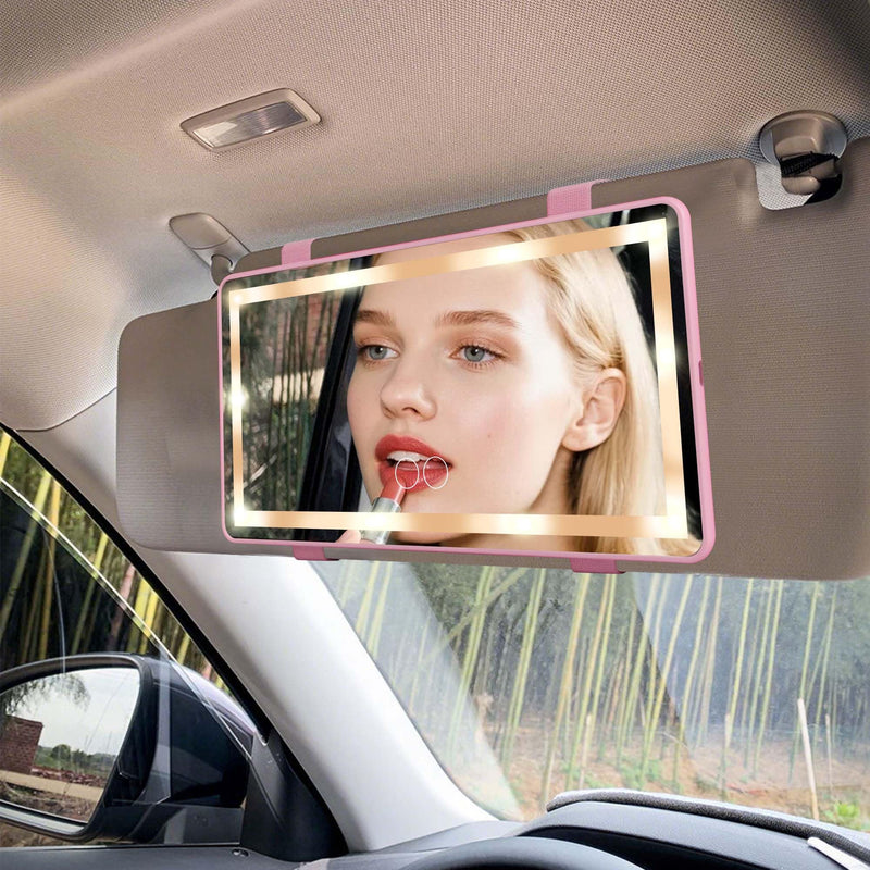 Car Mirror Visor Vanity with Rechargeable LED Light - 3 Light Modes & Dimmable Touch Screen- Girly Pink Car Accessories for Women Interior- Large Clip on SunVisor Passenger Side Mirror, Pink