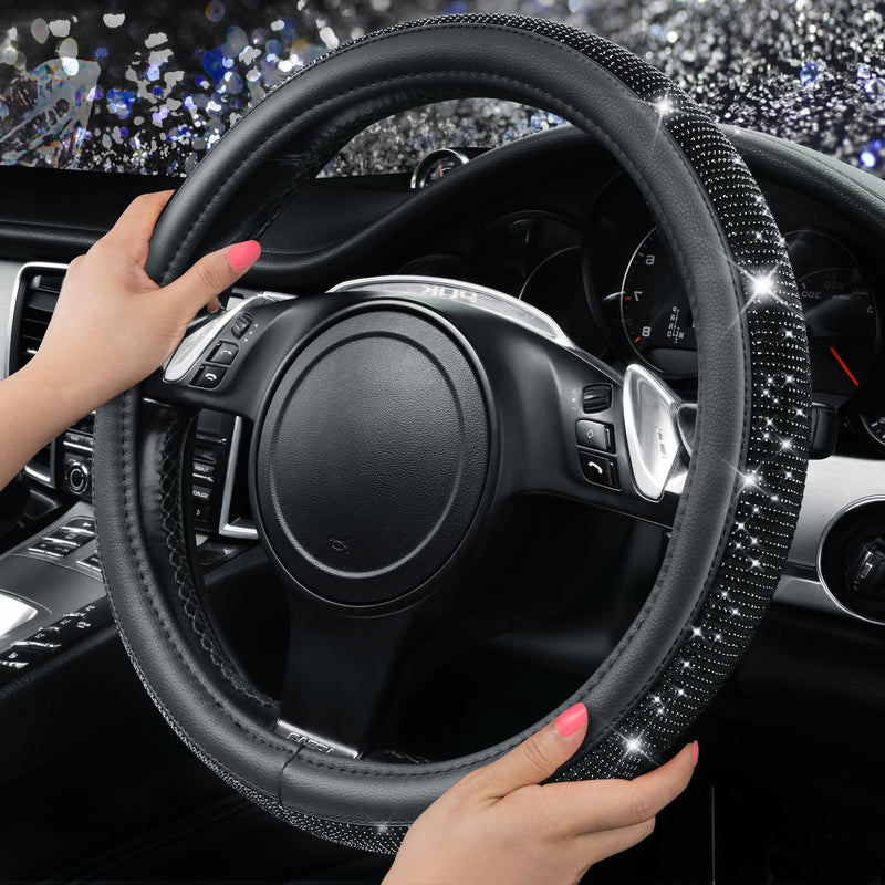 CAR PASS Bling Diamond Leather Steering Wheel Cover, With Sparkly Crystal Glitter Rhinestones Universal Fit 14"1/2-15" Car Wheel Protector for Women Girl Fit Suvs,Vans,Sedans,Car,Trucks, Black Diamond Black Diamond on Velvet