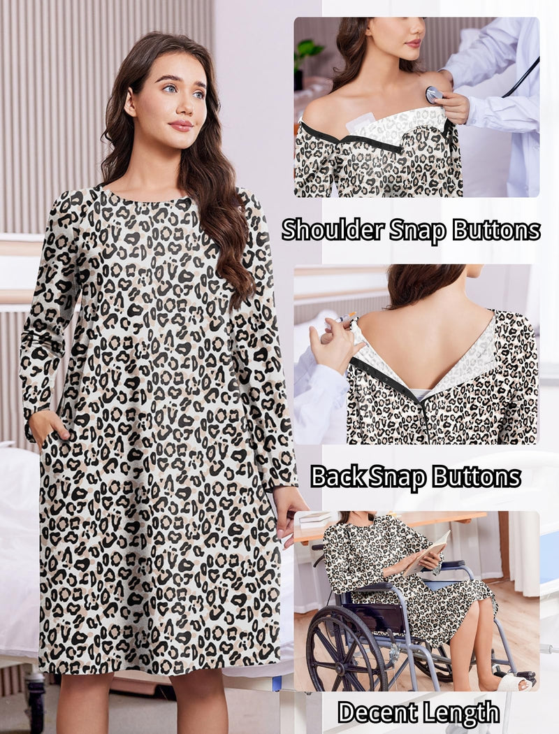 Deyeek Open Back Hospital Gowns for Women Post Shoulder Surgery Tear Away Snap Chemo Port Adaptive Clothing with Pockets Leopard Large