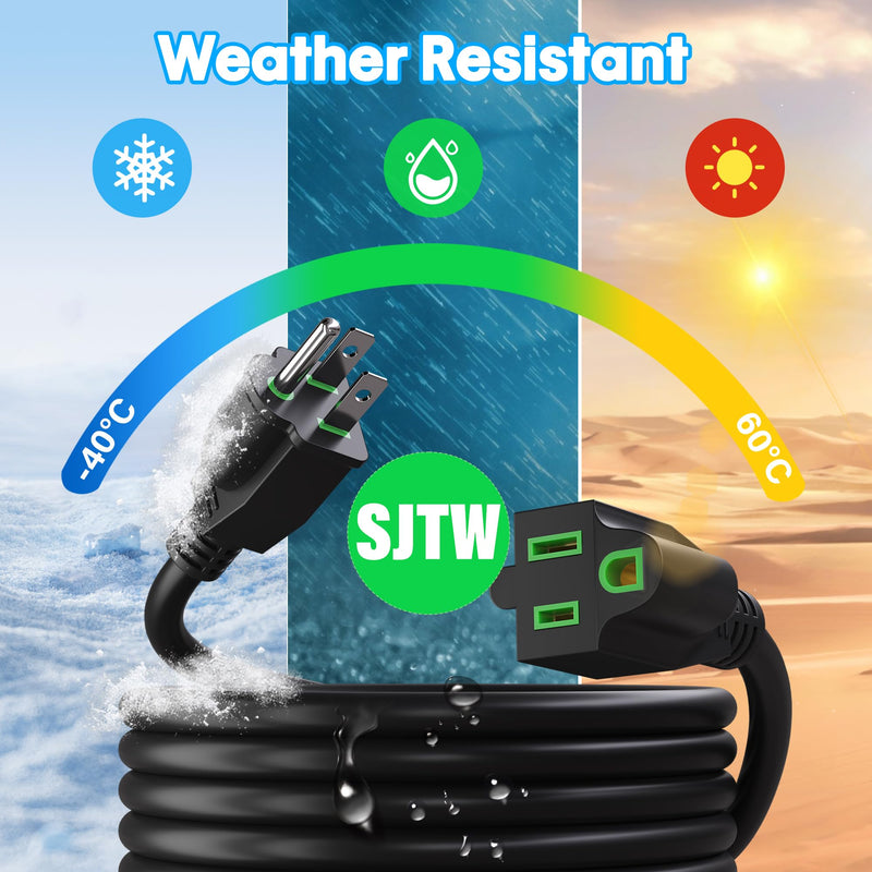 Adoreen Outdoor Power Extension Cord 30 Ft/2 Pack, 3 Prong 16 AWG Grounded Wire Heavy Duty Weatherproof Electric Cable for Indoor Christmas Light Lamp, 13A 125V 1625W, SJTW-ETL- Black with Green 30Ft/2 Pack