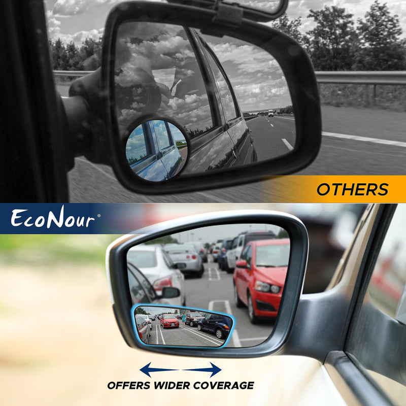 EcoNour Blind Spot Car Mirror (2 Pack) | Wide Angle for 3x Larger View | Universal Car Rear View Mirror with Rain Guard | Side Blind Spot with Adjustable Stick for Cars, SUVs, and Trucks Rectangle With Visor