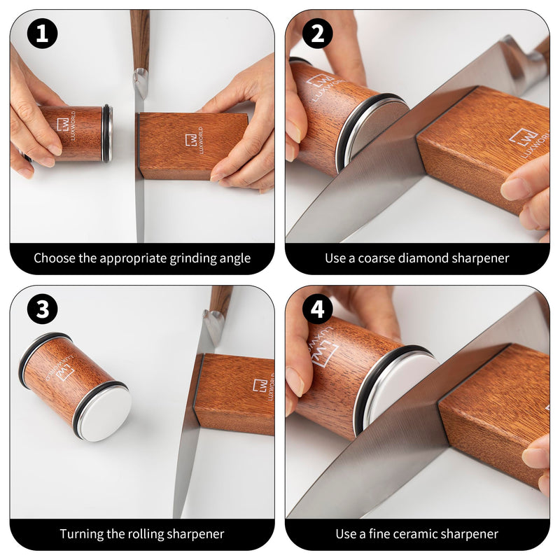 Rolling Knife Sharpener For Fine & Sharp Knife Sharpening | Professional & Pocket Knife Sharpener With Diamond & Ceramic Discs | 15 & 20 Degree Magnetic Angle (Brown)