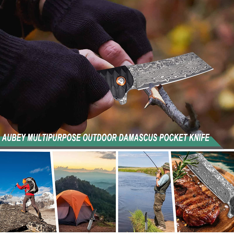AUBEY Damascus Pocket Knife, 3.34" Damascus Steel Hollow Grind Blade, Folding Knife with Ball Bearing, Aluminum Handle, EDC Knife for Outdoor Camping Hunting A-Black Aluminum Handle