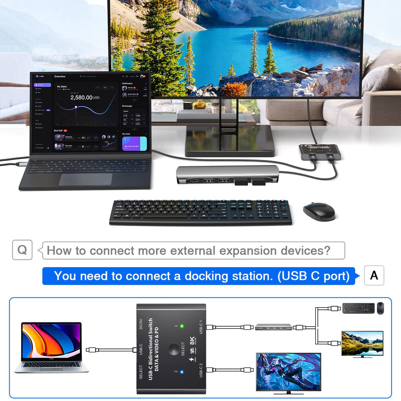 USB C Switch 2 in 1 Out USB C Switcher Selector for 2 Laptops Share 1 USB Device, 4K@60Hz/10Gbps Data Transfer and 100W PD Charging, Wired Control and 2 UBS C Cables USB C Switch 2 in 1 out