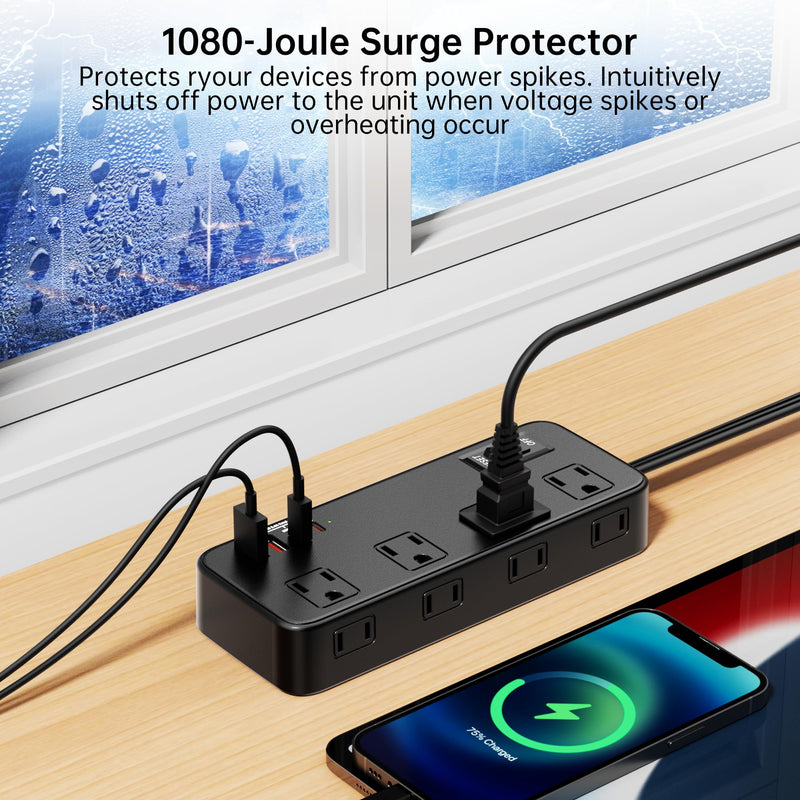 Power Strip with Surge Protector, Outlet Extender,8 AC, 2 USB A,2 USB C Port for 17W Power Strip Charger 5ft Power Cord 1875W 100-250V for Home, Office, Dorm Essential,Black