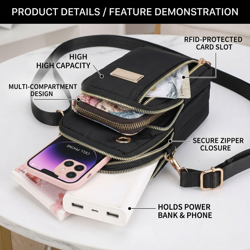 Soft Crossbody Bag Lightweight Zipper Closure Fashionable Vertical Design For Travel And Daily Use Mobile Phone Holder Black