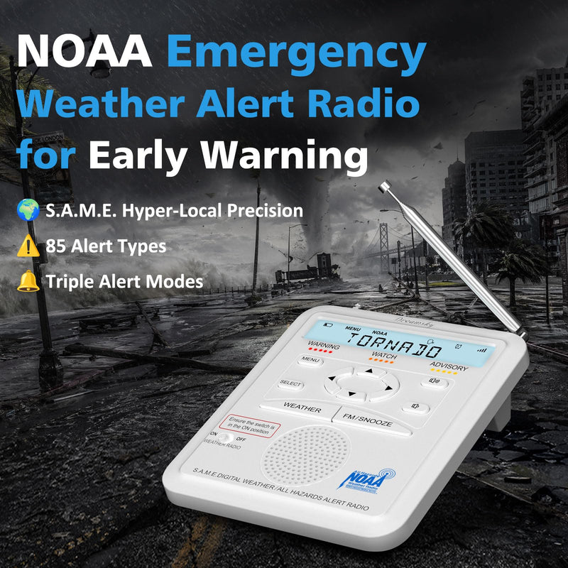 DreamSky Weather Radio NOAA Alert with Battery Backup & FM Radio for Home | S.A.M.E. Localized County Code Programming, 80+ All Hazards Emergency Alerts, 3 Alert Tones, Plug in Radios & Alarm Clock White
