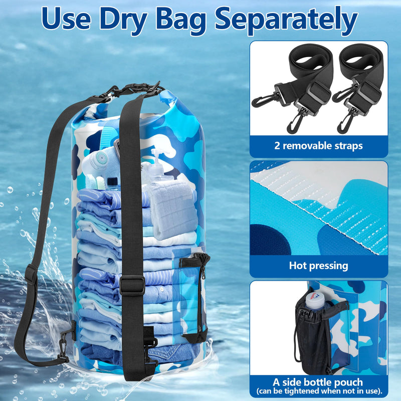 Smasrob 30L Waterproof Dry Bag with 20L Detachable Cooler, Dry Bag Cooler Backpack with Phone Pocket and Bottle Pouch, Suitable for Kayaking, Boating, Camping and Water Activities Blue Camouflage