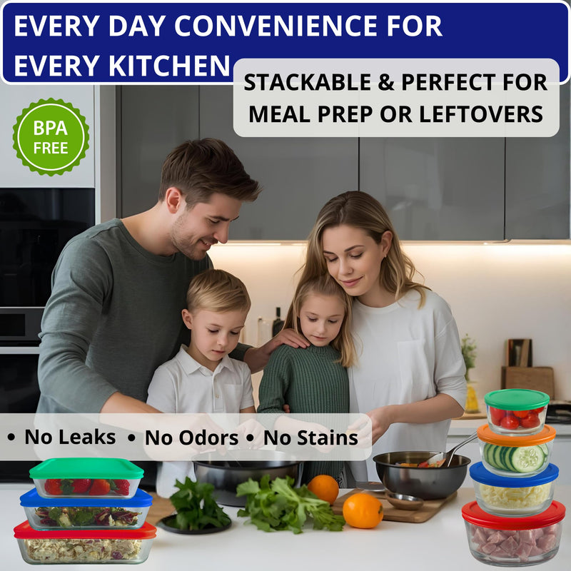 1, 2, 4 & 7 Cup Round & 3, 6, 11 Cup Rectangle Replacement Lids/Covers for Pyrex, Anchor Hocking & KlareWare Storage Bowls *Lids Only -Glass Container Not Included*, 14 Pack *2 of Each Size* Green, Orange, Blue, Red, Green, Blue, Red