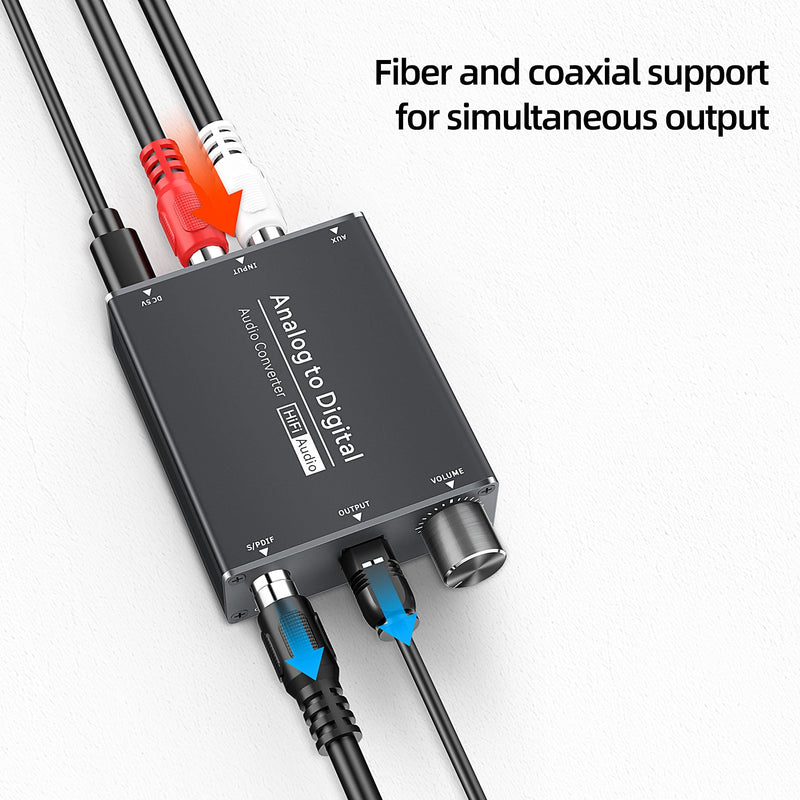 Analog to Digital Audio Converter RCA to Optical with 3.5mm AUX Jack Toslink and Coaxial Adapter with Adjustable Volume