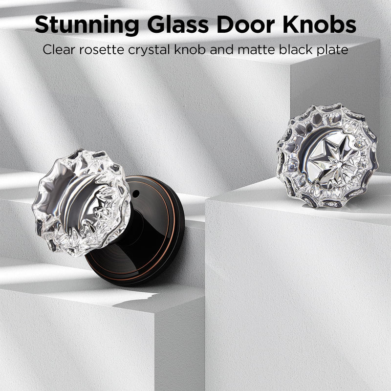1 Pack Crystal Door Knob, Rosette Shaped Glass Door Knobs Interior with Lock, Oil Rubbed Bronze Door Knobs Interior Glass 1