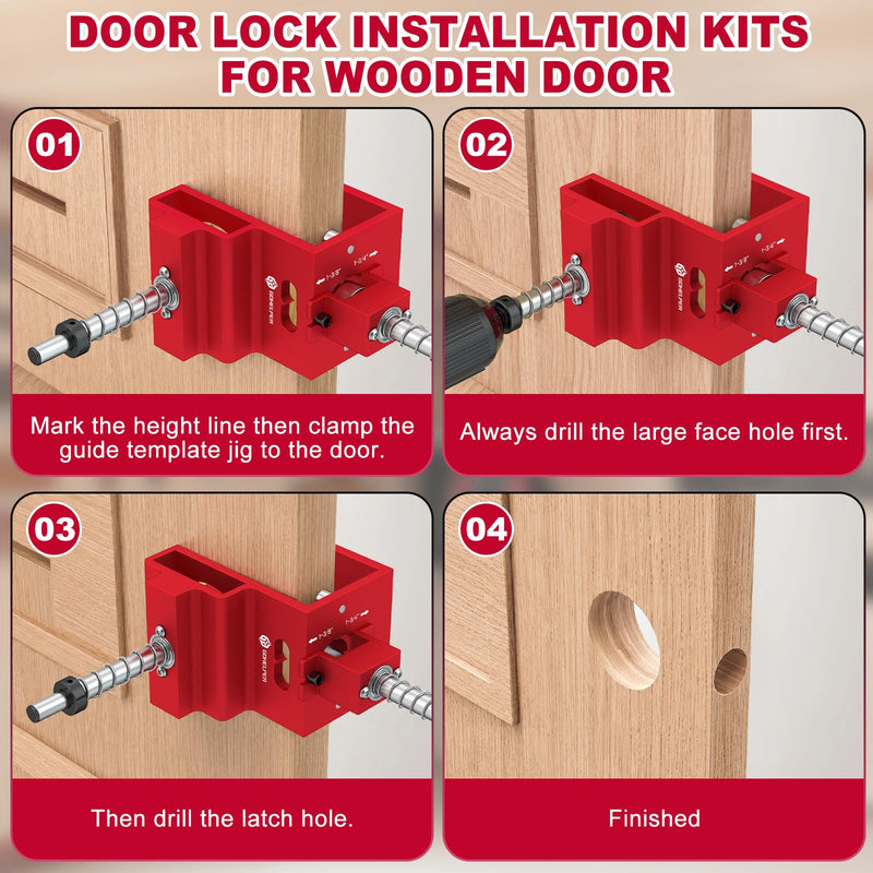Door Lock Installation Kit for 1-3/8" and 1-3/4" Wooden Doors with Guide Template, Aluminum Alloy Door Hole Drilling Kit, Door Lock Jig Clamp Design Fits 2-3/8" and 2-3/4" Backsets, Drill Bit Included