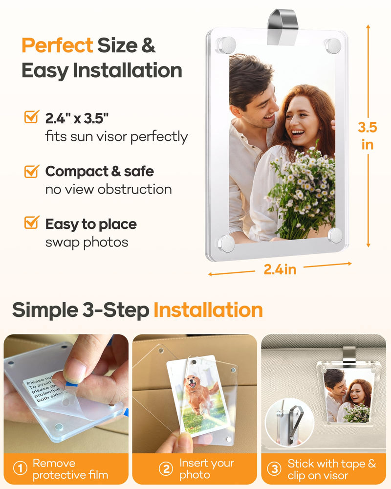 2Pcs Car Picture Holder for Sun Visor – Magnetic 2.36"x3.5" Car Visor Photo Clip, Horizontal & Vertical Photo Display, Wallet-Size Clear Acrylic Car Picture Frame Perfect for Polaroid Go and Instax Mini 2.3"x3.5"
