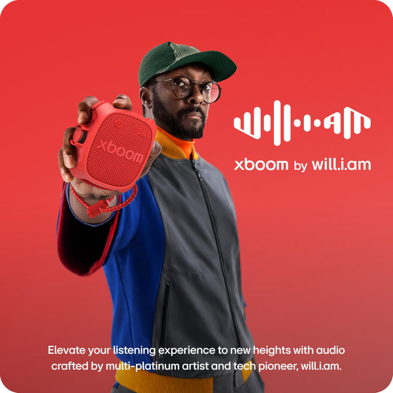 LG xboom Rock by will.i.am, Portable Outdoor Bluetooth Speaker, up to 10 Hours, IP67 Dust and Water Resistant, Adjustable Mounting Cord, Red
