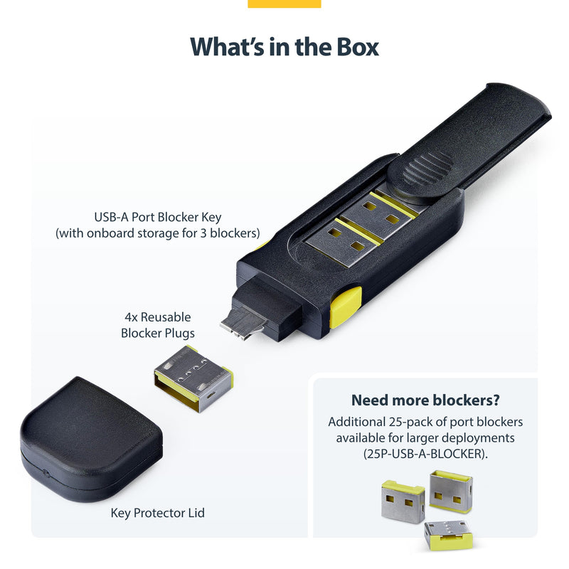 StarTech USB-A Port Blocker with 4X USB-A Cover Plugs (USB-A-Port-Blocker) | Snap-In Port Protectors for Laptops and Computers, Key, Latching, Dust