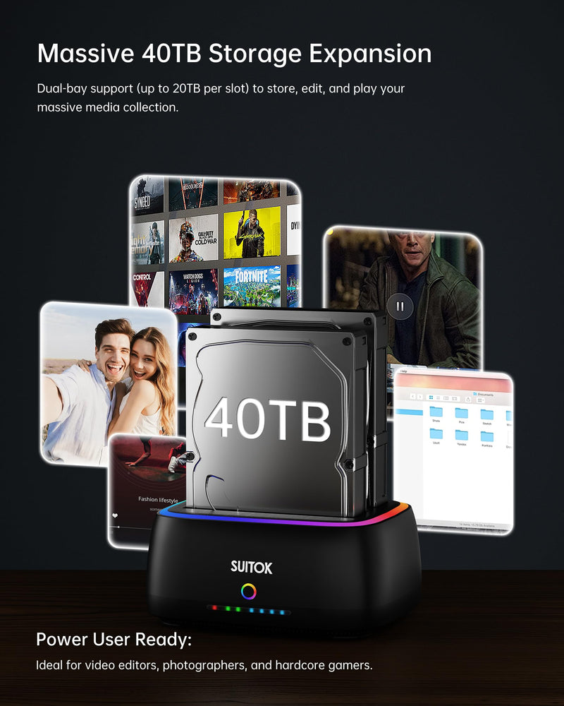 Dual Bay SATA Hard Drive Cloner Dock USB C 5Gbps | 2.5" 3.5" | 40TB | HDD SSD Docking Station, Offline Duplicator External Data Reader Storage Backups Recovery RTL9201DP RGB Light for Laptop PC Black [STK11 6Gpbs Dual Bay SATA Dock]