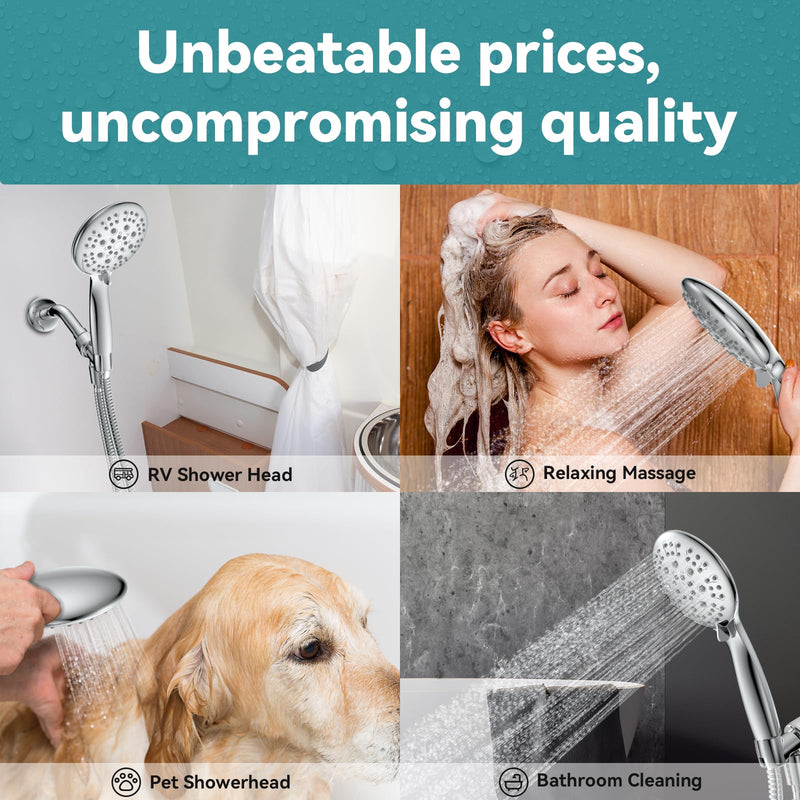 High Pressure Shower Head with Handheld, JDO 6 Spray Settings Handheld Showerhead, 4.3" High Flow Rain Showerhead Set with 59" Stainless Steel Hose and Adjustable Bracket for Bathroom, Gym, Hotel Chrome