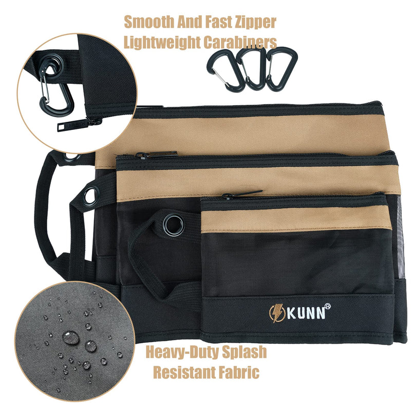 KUNN Tool Bag Zipper Pouch 3 Pack - Heavy Duty Utility Tool Storage Organizer with Carabiner for DIY,Electrician,Accessories and Travel Khaki