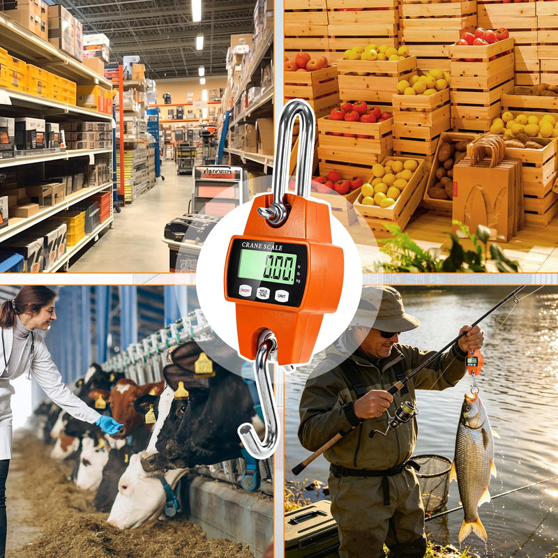 Digital Hanging Scale, 1100lb/500kg Handheld Crane Scale, Small Crane Scale with LCD Display and Hooks, Aluminum Alloy Body for Hunting, Outdoor, Luggage, Farm (Orange) Orange-1100lb