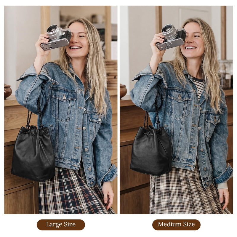 S-ZONESoft Leather Camera Insert Bag Drawstring Camera Pouch DSLR Lens Case | Top Grain Lambskin Leather, Drawstring Closure, Dust-proof, Scratch-resistant, Compatible with Canon Nikon Sony Large