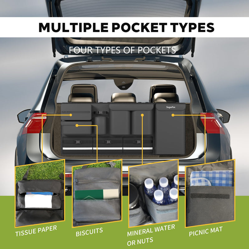 Backseat Hanging Trunk Organizer for SUVs, Cars, Trucks & MPVs | Multi-Pocket Storage with Anti-Slip Straps | Space-Saving Auto Accessory | Gift for Drivers | Black, 37.8" x 18.1" - K230 Oxford fabric-Black