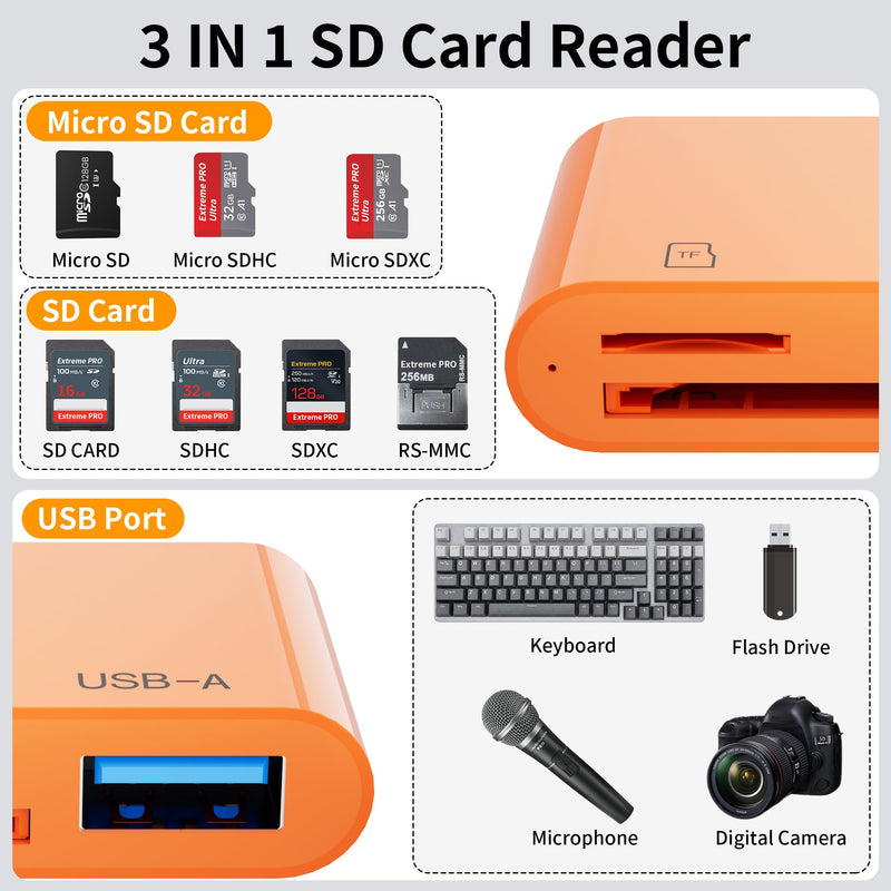 3 in 1 SD Card Reader for iPhone,Memory Card Reader with USB Camera Adapter,Lightning & USB C Dual Connectors,SD/TF Card Simultaneous Read,Plug and Play Trail Game Digital Camera Adapter,Orange