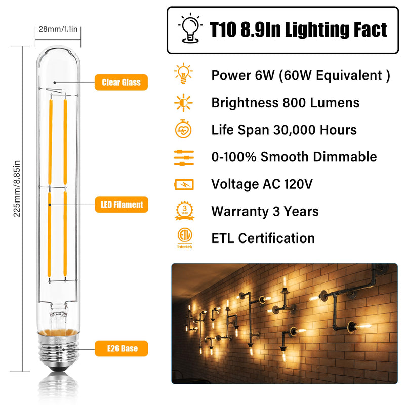 8.9IN LED Light Bulbs E26 Base, 6W 800LM 2700K Soft White T10 T9 Vintage Edison Bulbs Dimmable, AC 120V Equal 80 Watt Clear Glass Long Tubular Filament Bulb, ETL Certified - 4Pack 9 Inch 6W (4 Count)
